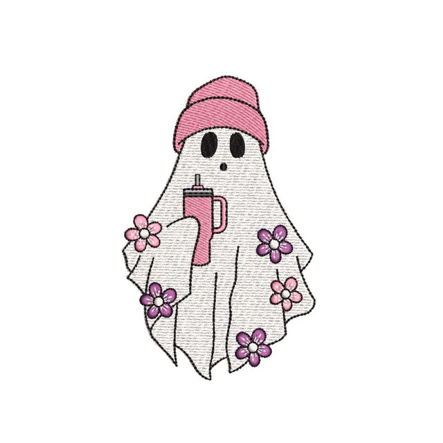 Cute Floral Ghost with Cup Embroidery Design, Halloween Ghost Machine Embroidery Design, 3 sizes, Instant Download Embroidery/Applique DESIGNS Nino Nadaraia 