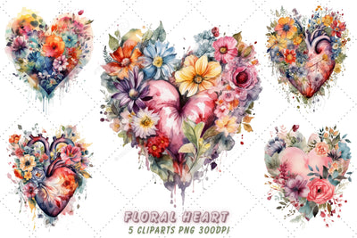Cute Floral Heart Watercolor Clipart Bundle, Sublimation, Floral Heart Sublimation FloridPrintables 