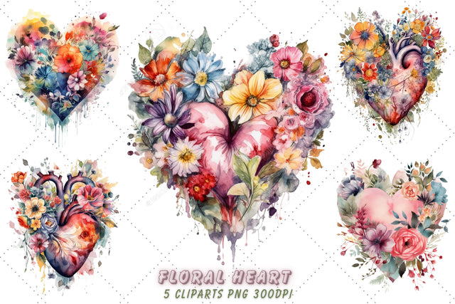 Cute Floral Heart Watercolor Clipart Bundle, Sublimation, Floral Heart Sublimation FloridPrintables 