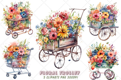 Cute Floral Trolley Watercolor Clipart Bundle, Sublimation, Floral Trolley Sublimation FloridPrintables 
