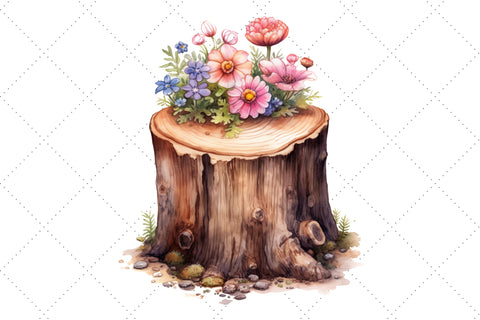 Cute Flower Wooden Stump Watercolor Clipart Bundle, Sublimation, Wooden Stump SVG FloridPrintables 