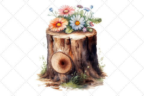 Cute Flower Wooden Stump Watercolor Clipart Bundle, Sublimation, Wooden Stump SVG FloridPrintables 