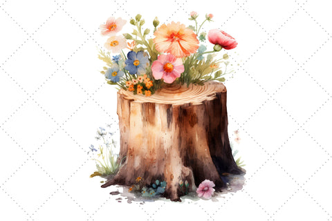 Cute Flower Wooden Stump Watercolor Clipart Bundle, Sublimation, Wooden Stump SVG FloridPrintables 