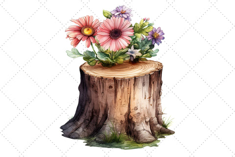 Cute Flower Wooden Stump Watercolor Clipart Bundle, Sublimation, Wooden Stump SVG FloridPrintables 