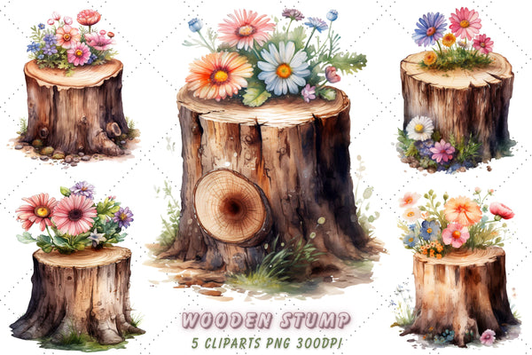 Flowers On Tree Stump Watercolor Sublimation Clipart