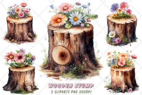 Cute Flower Wooden Stump Watercolor Clipart Bundle, Sublimation, Wooden Stump SVG FloridPrintables 