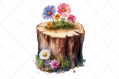 Cute Flower Wooden Stump Watercolor Clipart Bundle, Sublimation, Wooden Stump SVG FloridPrintables 