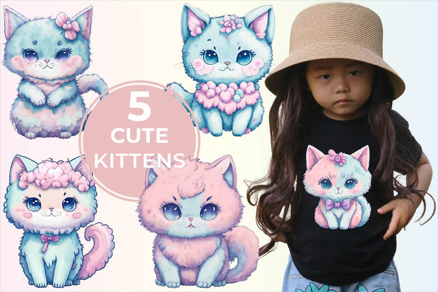 Cute Fluffy Watercolor Kitty Bundle Free For Commercial Use Sublimation Sintegra 