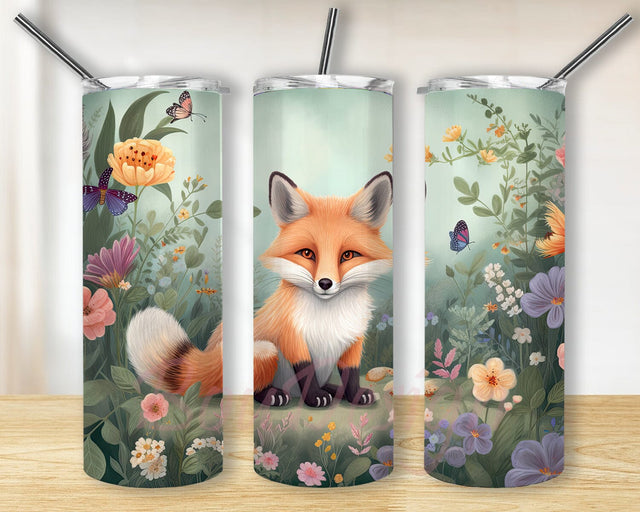 Cute Fox Flowers 20oz Skinny Tumbler Png, Watercolor Fox Flowers Tumbler, Fox Flower Tumbler Design, Flower Tumbler Png, Flox With Flowers Sublimation Sublimation BouDesign 
