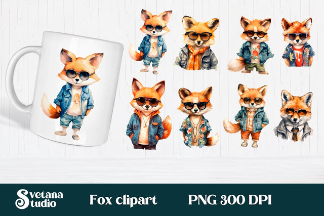 Cute fox with glasses clipart bundle | Fox PNG design Sublimation Svetana Studio 