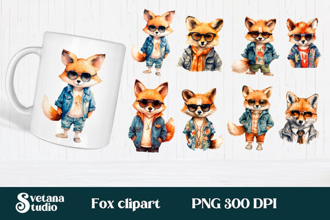 Cute fox with glasses clipart bundle | Fox PNG design Sublimation Svetana Studio 
