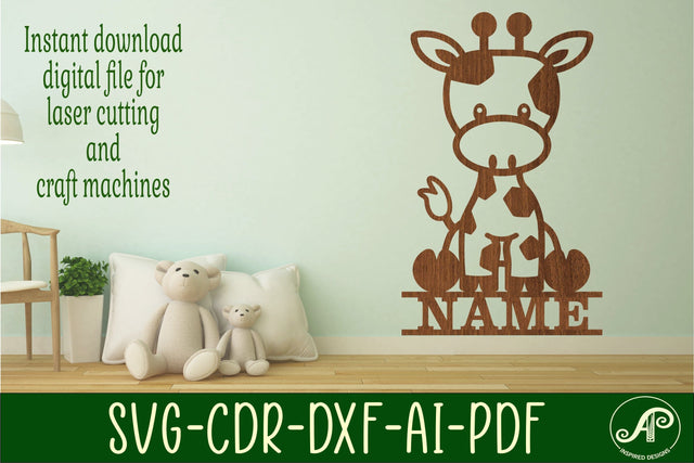 Cute Giraffe Name sign svg laser cut template, door or wall sign SVG APInspireddesigns 