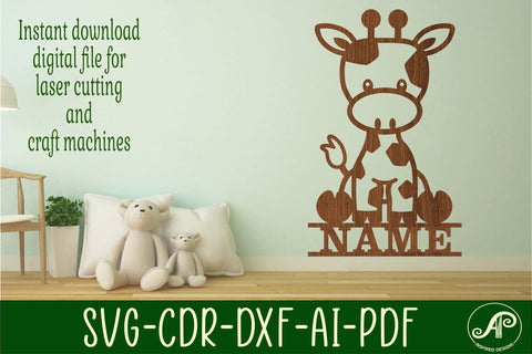 Cute Giraffe Name sign svg laser cut template, door or wall sign SVG APInspireddesigns 