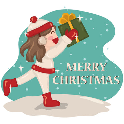 Cute girl holding a big ribbon bow-wrapped gift box in Hands up her in arms. Flat style vector illustration isolated on christmas background. SVG naemmiah021 