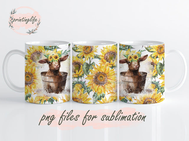 Cute Goat in the Tub Mug Sublimation, Farm Sunflowers Mug Press, Cute Goat Mug Wrap Template Sublimation PrintingLife 