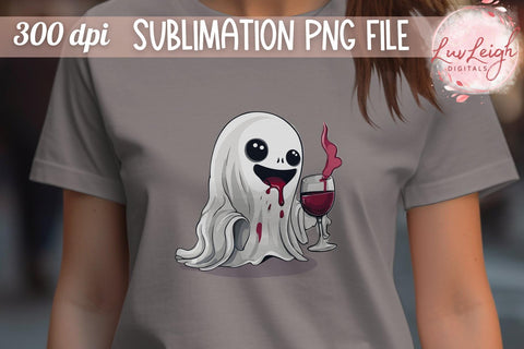 Cute Halloween Ghost drinking Wine T-shirt PNG Sublimation Luvleigh Digitals 