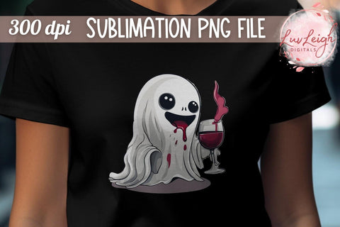 Cute Halloween Ghost drinking Wine T-shirt PNG Sublimation Luvleigh Digitals 