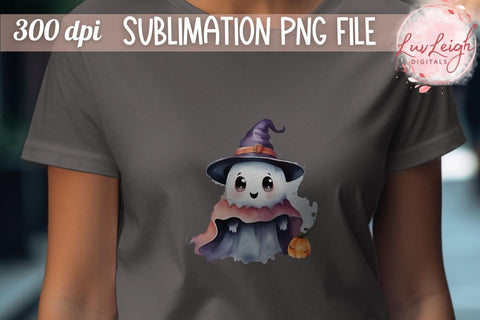 Cute Halloween ghost with Hat T-shirt PNG Sublimation Luvleigh Digitals 