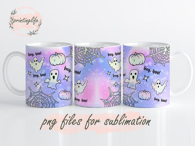 Cute Halloween Mug Wrap, Hey Boo Press Sublimation Png, Purple Pink Funny Hey Boo Coffee Mug PNG Sublimation PrintingLife 
