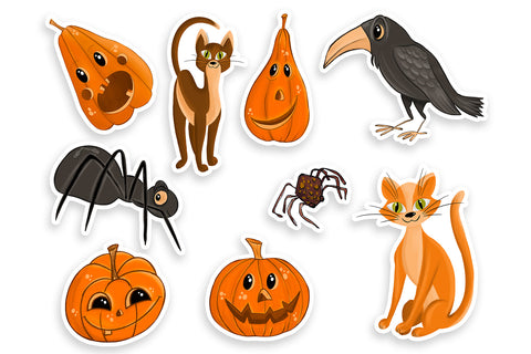 Cute Halloween stickers, cat, Pumpkin, raven, spider SVG ElenazlataArt 