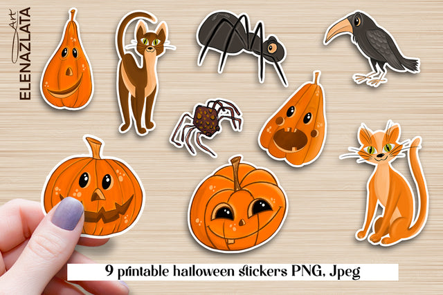 Cute Halloween stickers, cat, Pumpkin, raven, spider SVG ElenazlataArt 