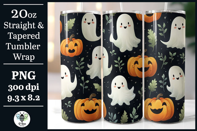 Cute Halloween Tumbler Wrap | Ghost and Pumpkin Tumbler PNG Sublimation B Renee Design 