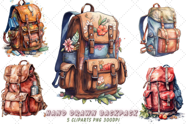 Cute Hand Drawn Backpack Watercolor Clipart Bundle, Sublimation, Hand Drawn Backpack SVG FloridPrintables 