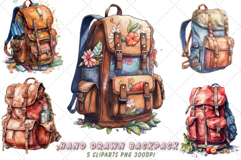 Cute Hand Drawn Backpack Watercolor Clipart Bundle, Sublimation, Hand Drawn Backpack SVG FloridPrintables 