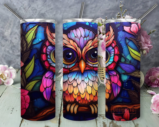 Cute Happy Baby Owl 20oz Skinny Tumbler Png, Tie Dye Owl Tumbler, A Cute Baby Owl With Colorful Flowers, Owl Baby Flowers Png, Owl Watercolor Tumbler Sublimation DesignSVG 