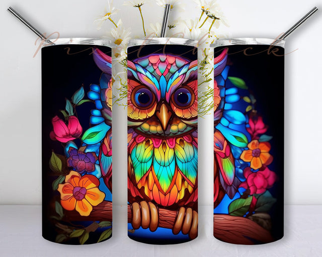 Cute Happy Baby Owl 20oz Skinny Tumbler Png, Tie Dye Owl Tumbler, A Cute Baby Owl With Colorful Flowers, Owl Baby Flowers Png, Owl Watercolor Tumbler Sublimation PixelChick 