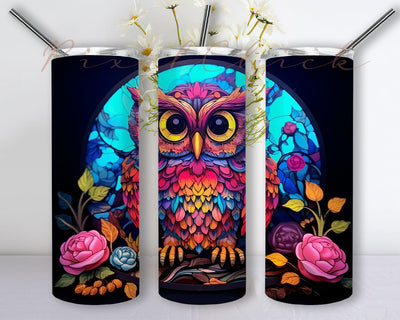 Cute Happy Baby Owl 20oz Skinny Tumbler Png, Tie Dye Owl Tumbler, A Cute Baby Owl With Colorful Flowers, Owl Baby Flowers Png, Owl Watercolor Tumbler Sublimation PixelChick 