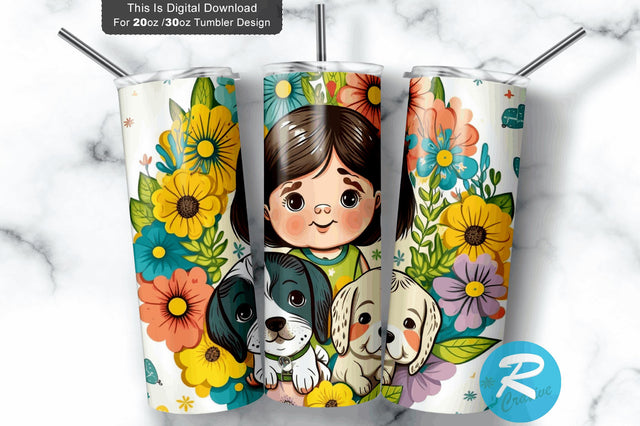 Cute Happy Little girl Dogs Puppy 20 oz / 30 oz Tumbler PNG Sublimation Regulrcrative 