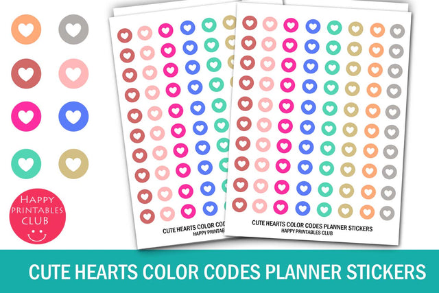 Cute Hearts Color Coding Dot Planner Stickers- Valentine Day Stickers SVG Happy Printables Club 