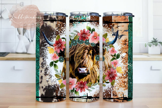 Cute Highland Cow And Flower Tumbler Wrap, 20 oz Skinny Tumbler Sublimation Png, Funny Floral Cow Png, Highland Cow Flower Png, 20oz Tumbler Sublimation Rabbitmakies 
