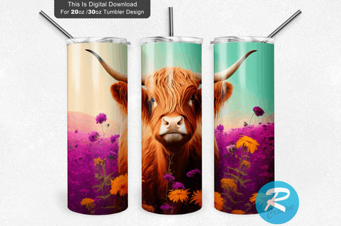 Cute Highland Cow Flax Daisy 20 oz / 30 oz Skinny Tumbler Sublimation Regulrcrative 