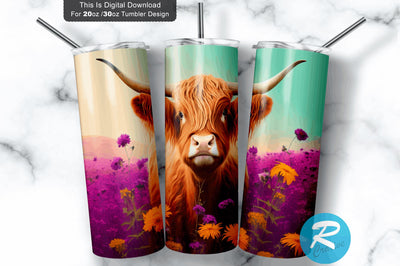 Cute Highland Cow Flax Daisy 20 oz / 30 oz Skinny Tumbler Sublimation Regulrcrative 
