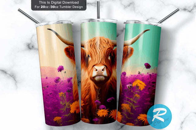 Cute Highland Cow Flax Daisy 20 oz / 30 oz Skinny Tumbler Sublimation Regulrcrative 