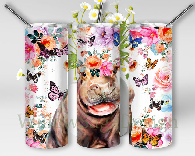Cute Hippo Tumbler Png, Hippo 20oz Skinny Tumbler, Hippo Floral Tumbler Wrap, Hippo Sublimation Design, Watercolor Hippo Png, Instant Download Sublimation WillowSageDesign 