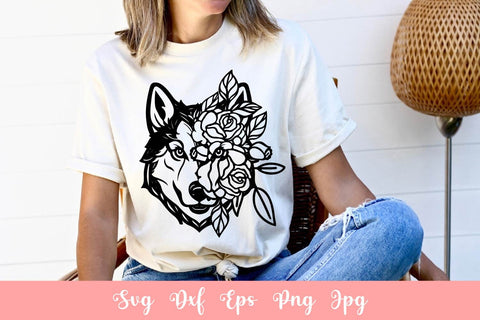 Cute Husky Dog With Flowers Animal Pet SVG File, Shirt SVG Free For Commercial Use SVG Sintegra 