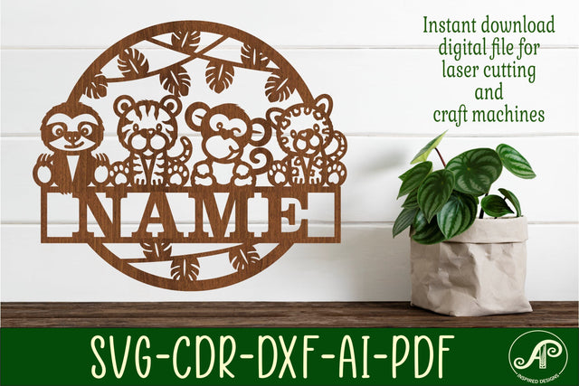 Cute jungle animals Nursery name sign svg laser cut template SVG APInspireddesigns 