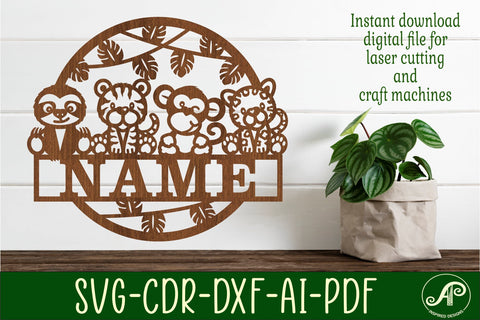 Cute jungle animals Nursery name sign svg laser cut template SVG APInspireddesigns 