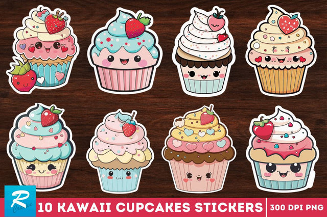 Cute Kawaii Cupcakes Valentine Stickers Bundle Sublimation Regulrcrative 