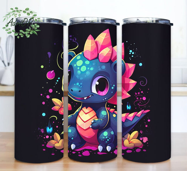 Cute Kawaii Dino 20oz Skinny Tumbler Png, Neon, Sparkle Core, 3D Dinosaur Tumbler Wrap, Neon Dinosaur 3D, Baby T Rex Kids Tumbler, Baby Dinosaurs Sublimation AdriOP 