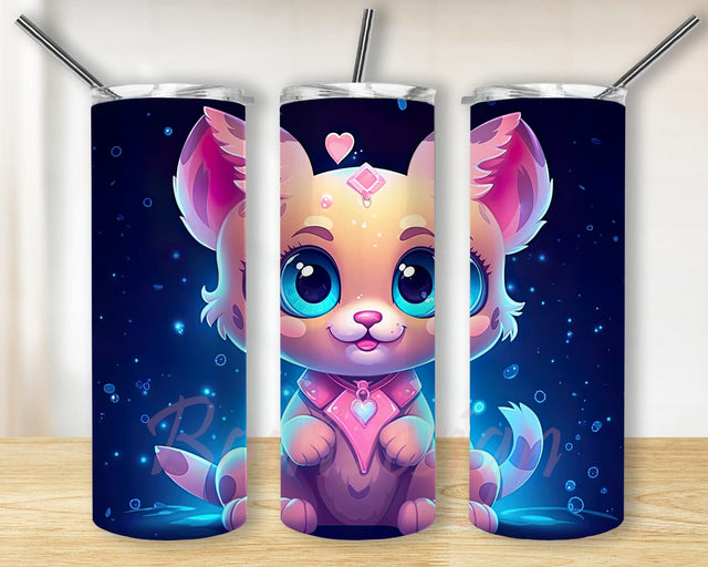 Cute Kawaii Puma 20oz Skinny Tumbler Png, Neon Puma Tumbler, Lion Animals Neon Tumbler, Rainbow Alcohol Ink Straight, Vibrant Watercolor Png Sublimation BouDesign 