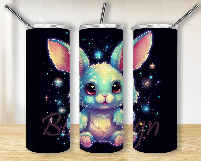 Cute Kawaii Rabbit 20oz Skinny Tumbler Png, Neon Rabbit Tumbler, Rabbit, Neon, Multi Colored Pattern, Bunny Png, Cute Tiny Neon Rabbit In Galaxy Wrap Sublimation BouDesign 