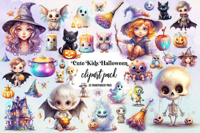 Cute Kids Halloween Clipart Bundle, 35 Transparent PNG's Sublimation BijouBay 