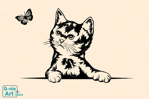 Cute Kitten Playing Butterfly Svg, Peeking Cat Svg, Curious Pet Vector, Cat Svg for Cricut, Peeking Face Animal Clipart SVG Q-nie Art Space 