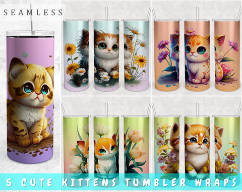 Cute Kitten Tumbler Wraps Bundle, 20 Oz Skinny Tumbler Cat Sublimation Designs, Seamless Cat PNG, 5 Designs Sublimation HappyDesignStudio 