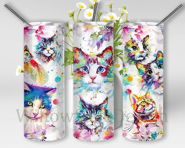 Cute Kitty Cat Peeking Rose 20oz Skinny Tumbler, Watercolor Cat Full Tumbler Wrap, Colorful Design Png, Cat Loves Tumbler Png, Cat Sublimation Design, Digital Download Sublimation WillowSageDesign 