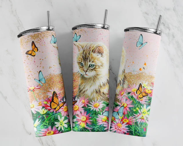 Cute Kitty Cat Peeking Rose Sublimation Design Wraps for 20 oz. Skinny Tumbler - PNG Download DIGITAL ONLY Sublimation CaldwellArt 